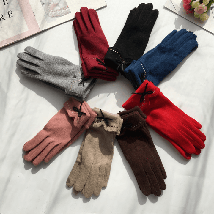 Women Wool Screen-Touchable Embroidery Dotted Line Bowknot Keep Warm Fashion Casual Gloves