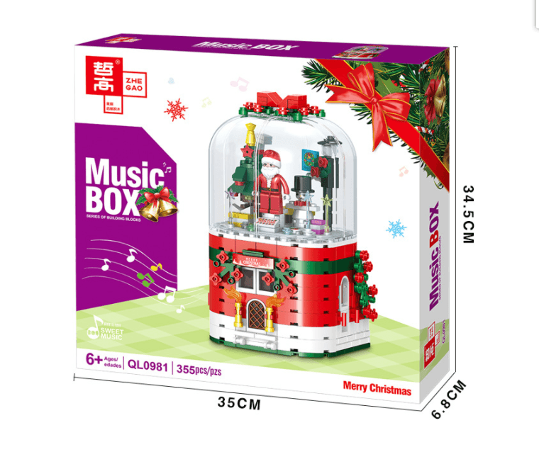 LED Light Christmas Building Blocks Santa Claus Spin Music Box Creator Bricks Christmas Gift (Red)