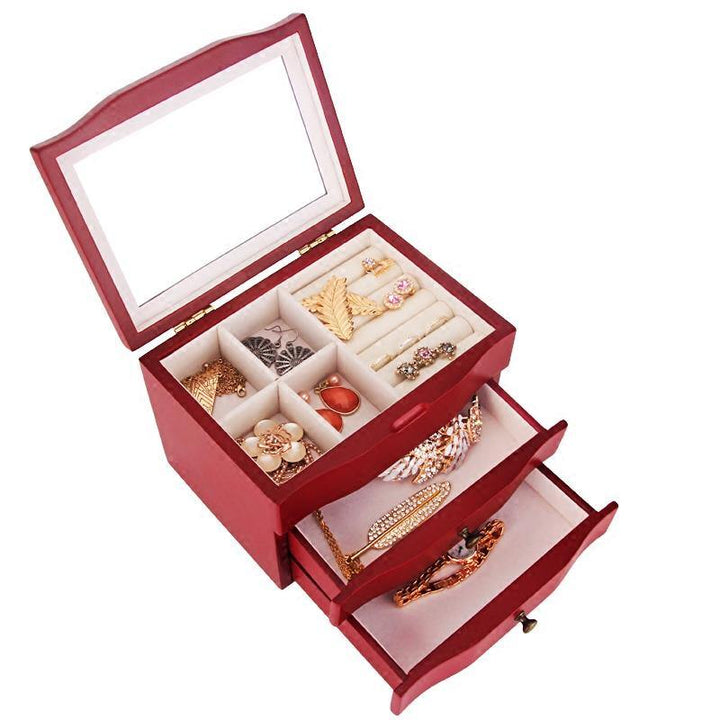 Wooden Jewelry Box with Mirror Three Floors Make-up Box Jewelry Dressing Box