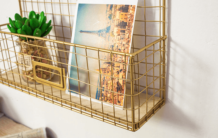 Gold Wall Hanging Storage Rack DIY Iron Mesh Grid Multi-function Photo Display Panel Hanging Home Decorative Shelf Holder