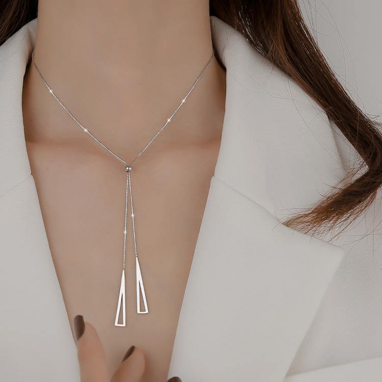 Sterling Silver Geometric Triangle Necklace - Adjustable Clavicle Chain for Women, White K Jewelry Gift