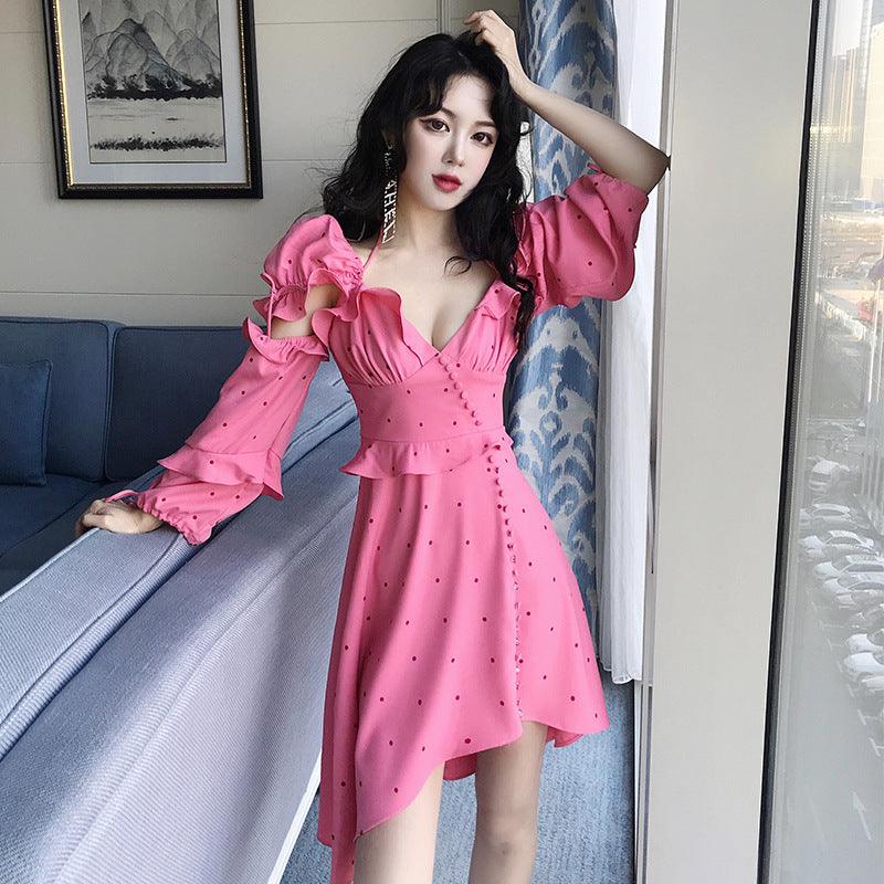 2021 spring new women's wave point ruffled irregular dress seaside holiday a generation