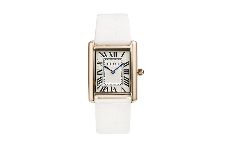 Quartz Watch Rectangular Leather With Retro Roman Index