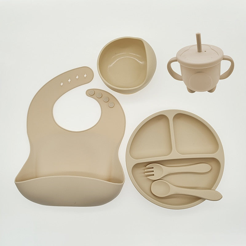 Baby Silicone Feeding Set 6PCS - Suction Bowl, Bib, Cup, Fork, Spoon & Plate - BPA Free