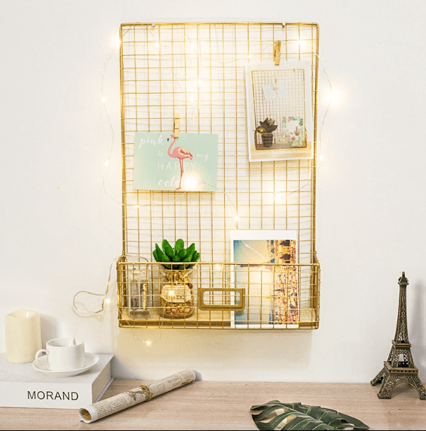 Gold Wall Hanging Storage Rack DIY Iron Mesh Grid Multi-function Photo Display Panel Hanging Home Decorative Shelf Holder