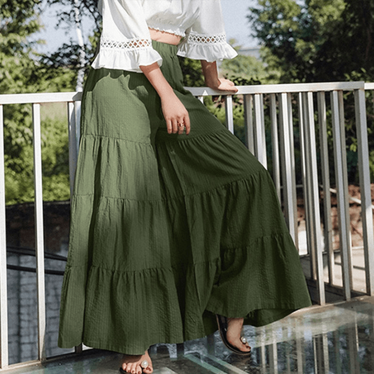 Casual Solid Elastic High Waist Pleated Stitching Wide Leg Pants for Women - MRSLM