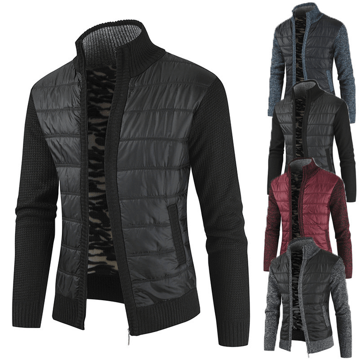 Mens Knitting Patchwork Slant Pocket Zipper Long Sleeve Warm Thick Jacket