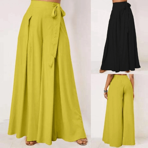 Women Solid Color Tie Waist Casual Swing Pants with Pocket