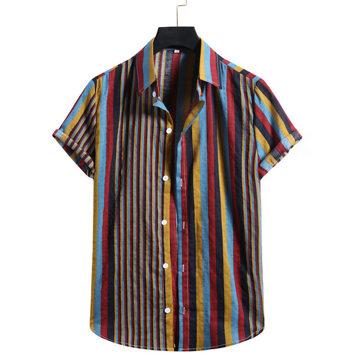 Mens 100% Cotton Vertical Striped Casual Short Sleeve Shirts