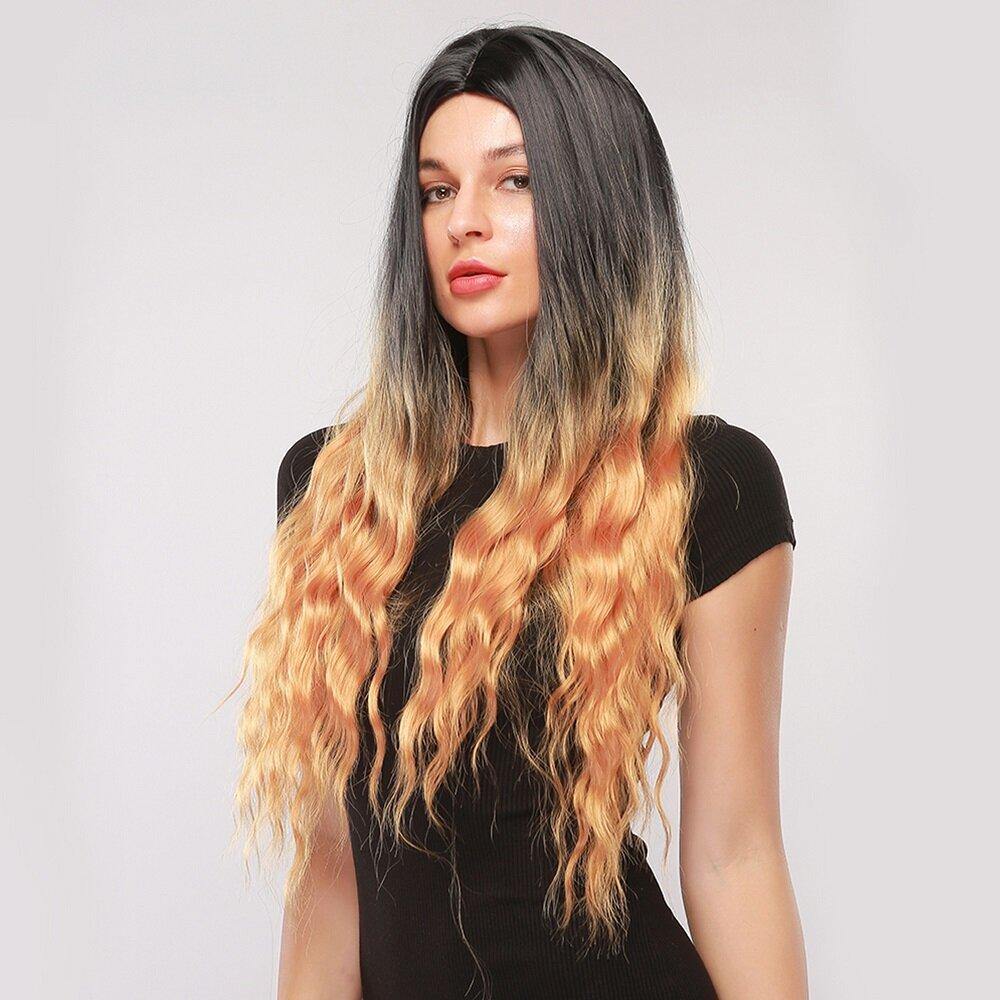 30 Inch Black Gradient Gold Long Curly Hair Fluffy Synthetic Fiber Prom Full Head Cover Wig