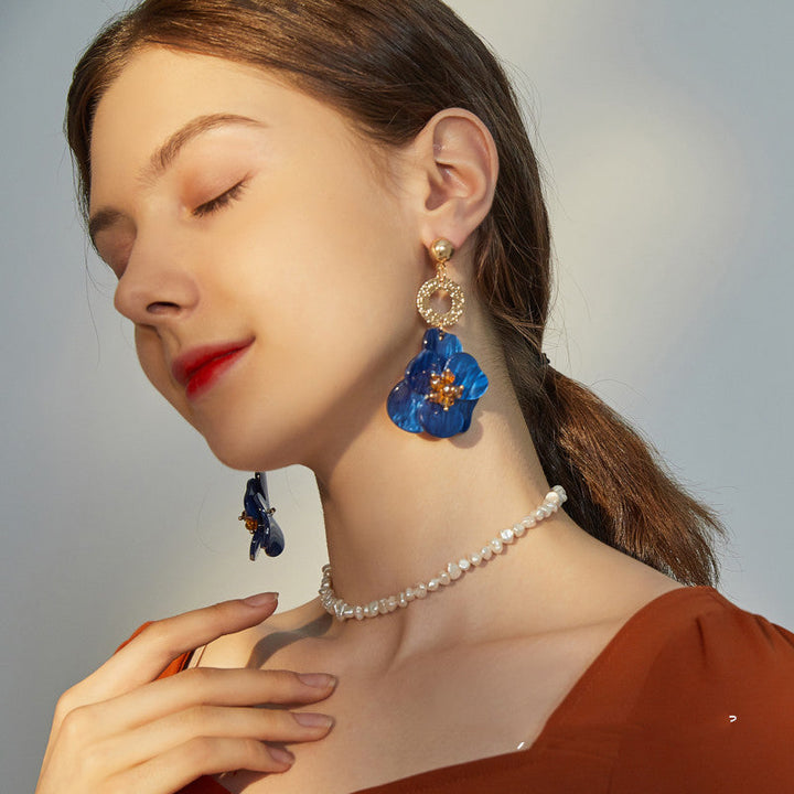 Acrylic Royal Blue Vintage Flower  Exaggerate French Earrings