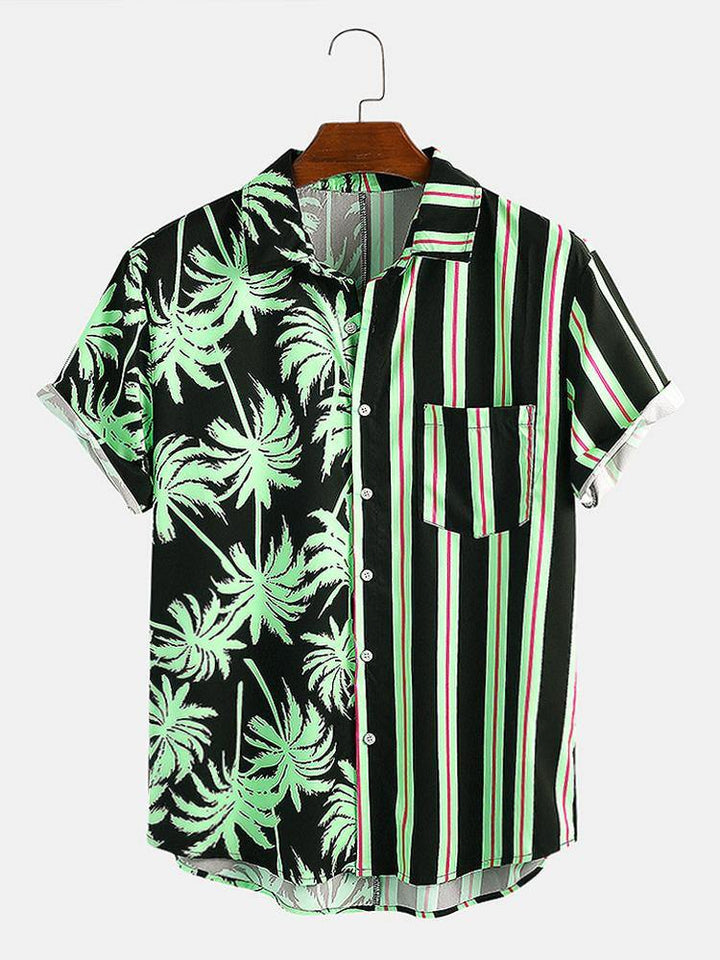 Men Coconut Tree Colorful Stripe Mixed Print Short Sleeve Casual Holiday Shirts - MRSLM