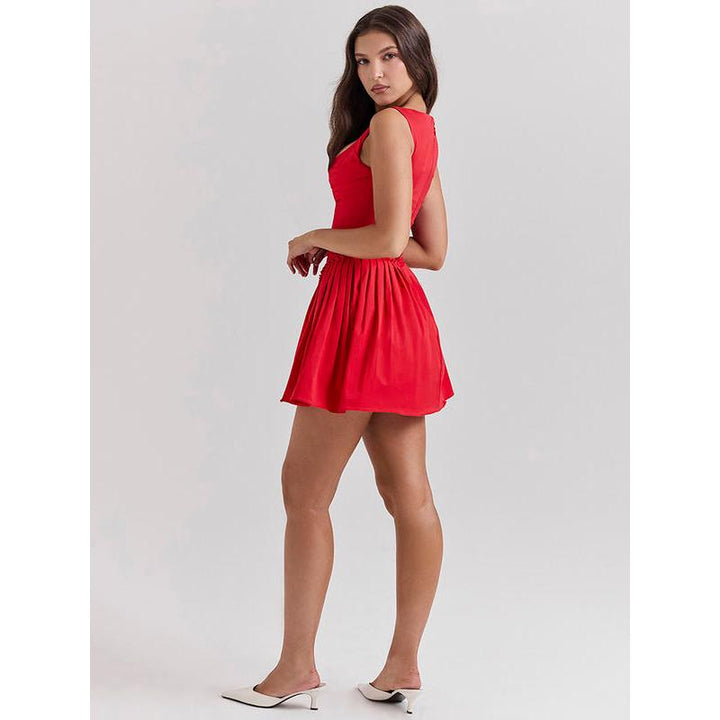 Red Sleeveless Mini Dress with Square Collar and Backless Design