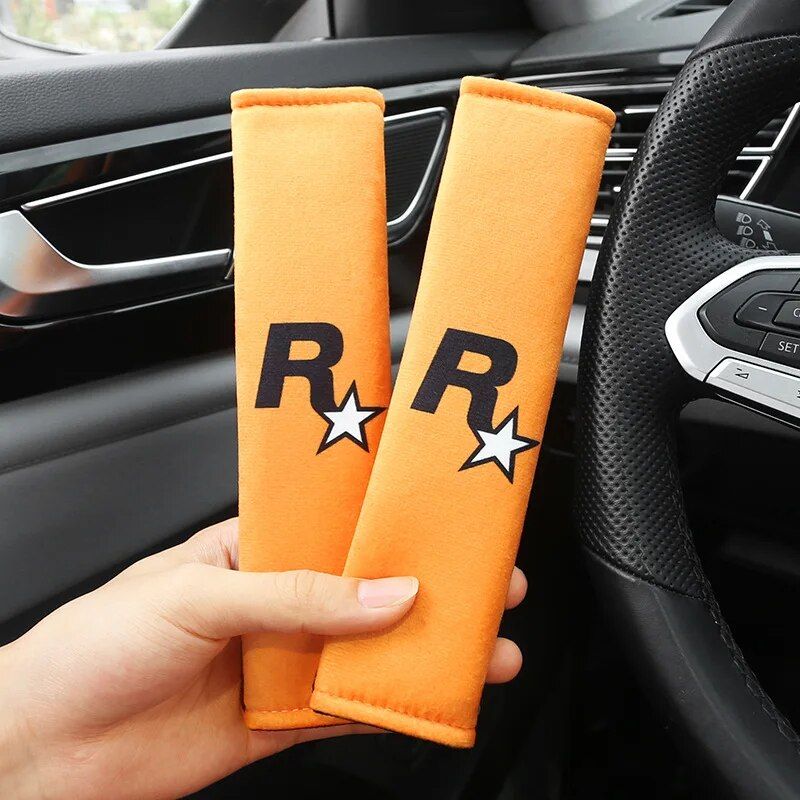 2pcs Yellow Car Seat Belt Covers with GTA Auto 5 Design