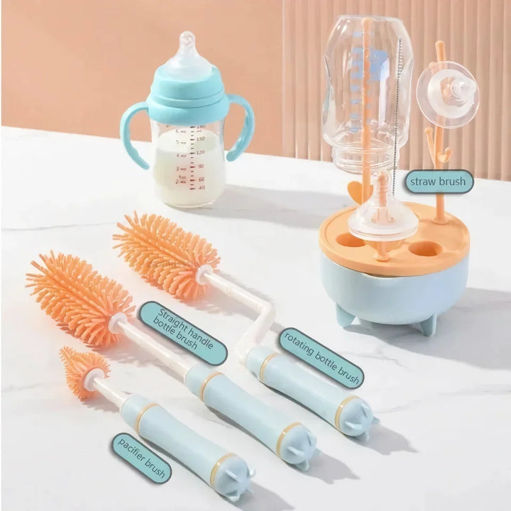 360-Degree Rotating Silicone Bottle Brush Set with Long Handle & Drying Rack