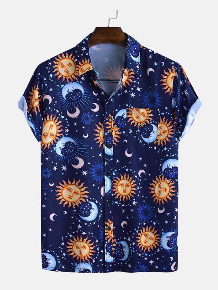 Men Sun Moon Print Short Sleeve Relaxed Shirts - MRSLM