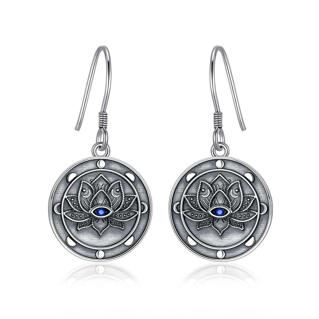 Evil Eye Earrings Sterling Silver Evil Eye Lotus Flower Dangle Drop Earrings Moon Phase Spiritual Evil Eye Jewelry Gifts for Women Girls