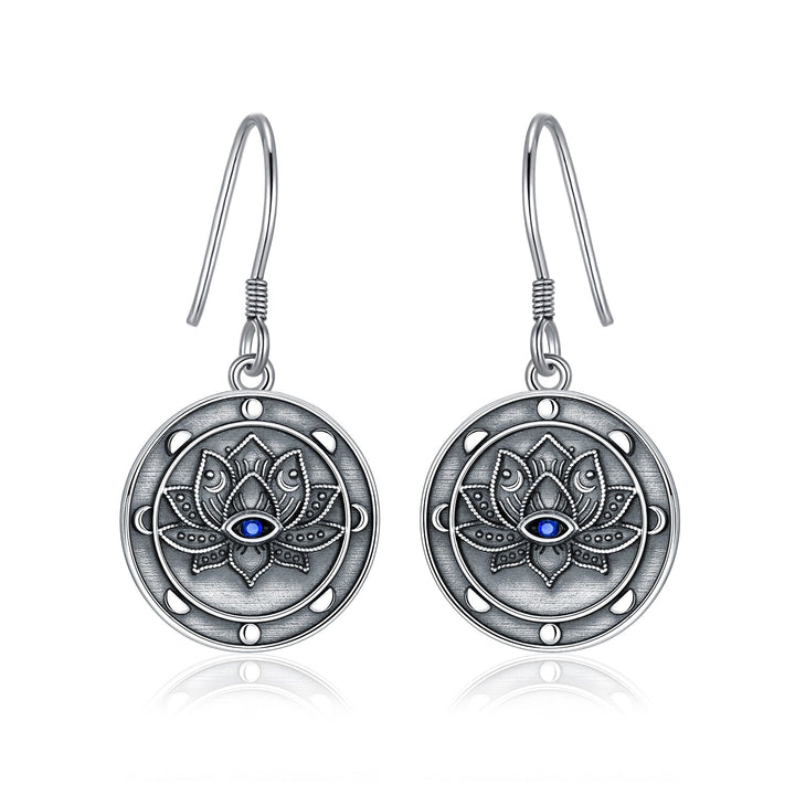 Evil Eye Earrings Sterling Silver Evil Eye Lotus Flower Dangle Drop Earrings Moon Phase Spiritual Evil Eye Jewelry Gifts for Women Girls