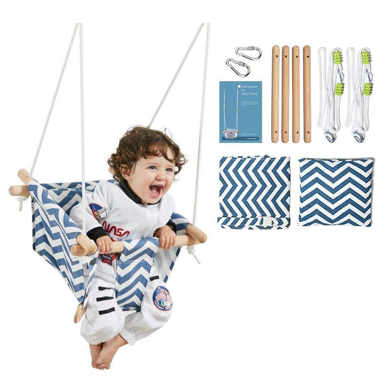 Infant Hanging Chair Child Baby Home Seat Folding Canvas Swing (Blue and white waves)