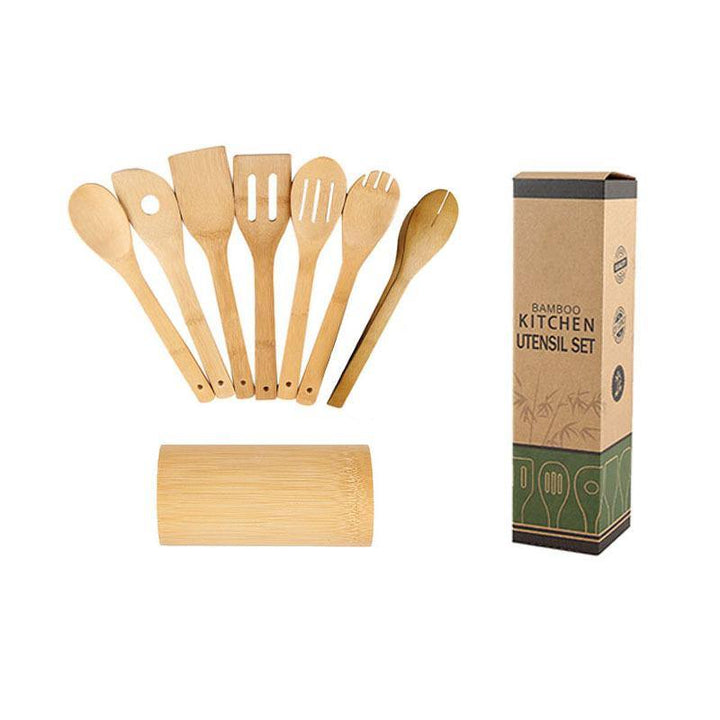 Bamboo Spatula Set with Square Holder Eco-Friendly with Ergonomic Handle Kitchen Utensil - MRSLM