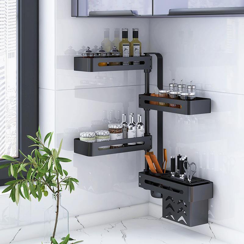 Kitchen Shelf Corner Rotation Seasoning Rack Aluminum Alloy Bathroom Multi-layer Shelf without Hole Wall Hanging Rotary Storage