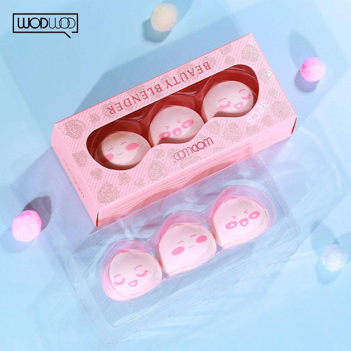 3PCS/SET makeup puff  sponge by WODWOD pink color peach shape with smile printing wet dry use maekup water drop sponge (#1)