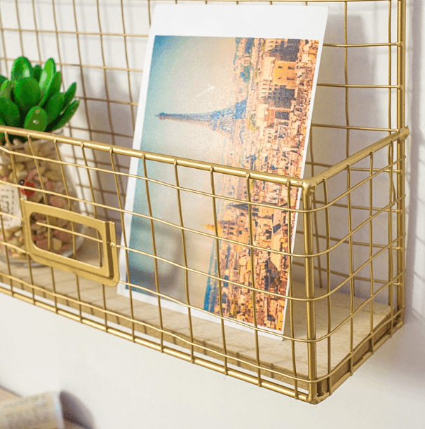 Gold Wall Hanging Storage Rack DIY Iron Mesh Grid Multi-function Photo Display Panel Hanging Home Decorative Shelf Holder