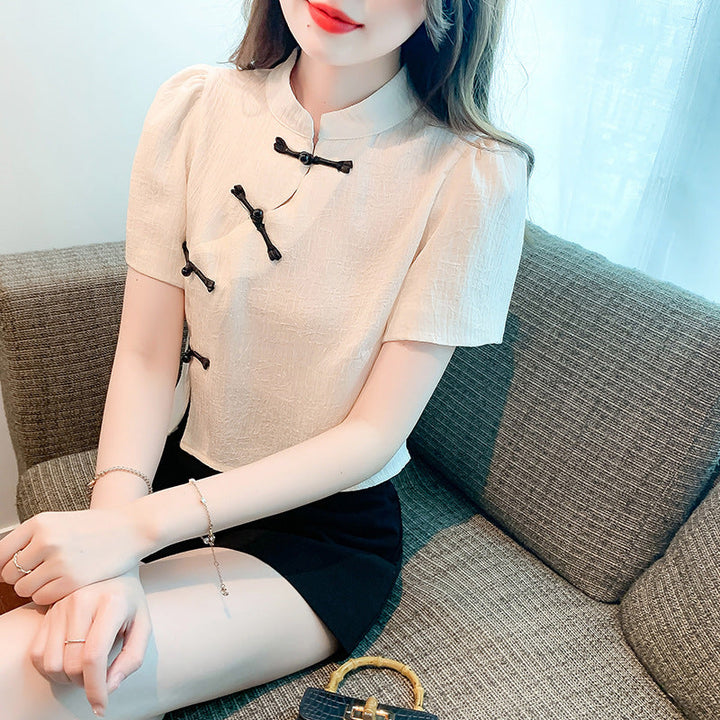 Chinese Style Buckle Short Top Women's Summer Shirt