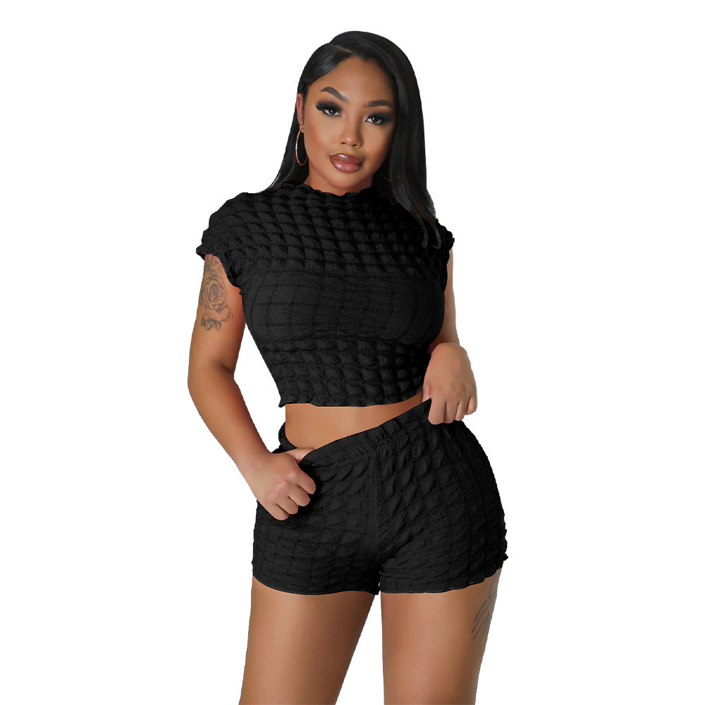 Women's Clothing Hot Sleeveless Midriff-baring Shorts Popcorn Bubble Two-piece Set