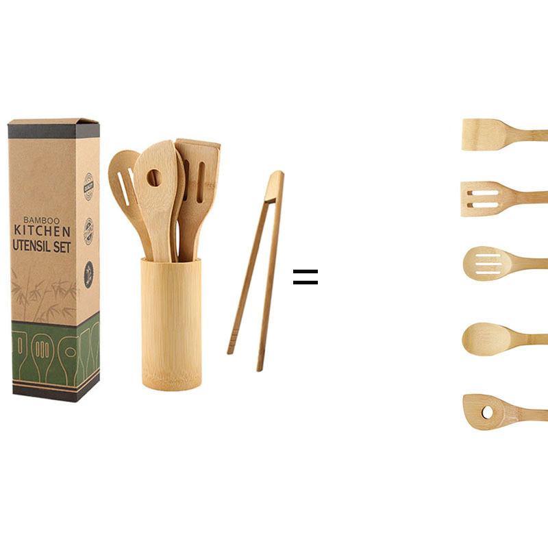 Bamboo Spatula Set with Square Holder Eco-Friendly with Ergonomic Handle Kitchen Utensil - MRSLM