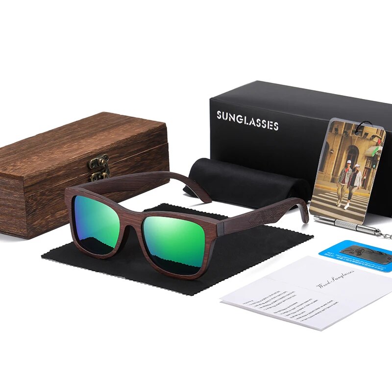 Natural Bamboo Wooden Polarized Sunglasses for Men with Multi-Coated Lenses and Gift Box