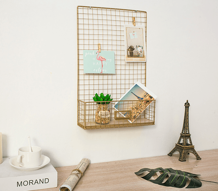 Gold Wall Hanging Storage Rack DIY Iron Mesh Grid Multi-function Photo Display Panel Hanging Home Decorative Shelf Holder