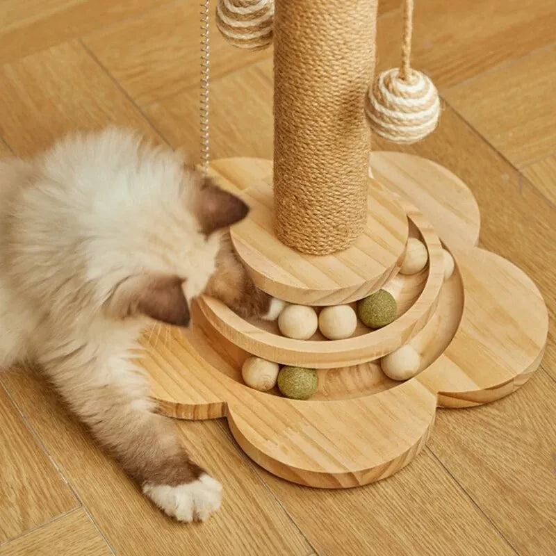 Pine Wood Cat Scratcher Tower with Interactive Turntable Balls