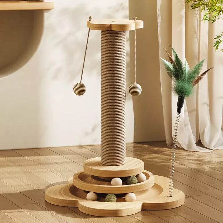 Pine Wood Cat Scratcher Tower with Interactive Turntable Balls