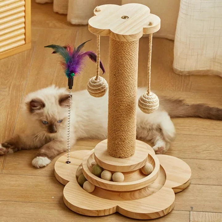 Pine Wood Cat Scratcher Tower with Interactive Turntable Balls