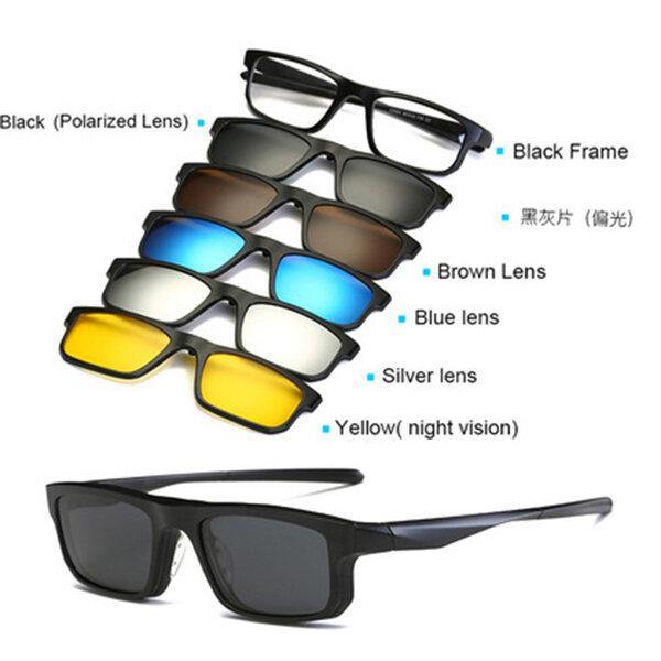 5 in 1 TR-90 Polarized Magnetic Glasses Clip On Magnetic Lens Sunglasses UV-proof Night Vision with Leather Bag - MRSLM