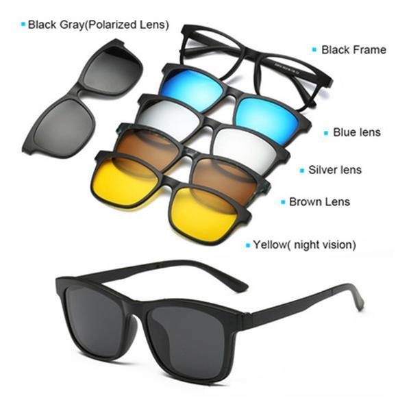 5 in 1 TR-90 Polarized Magnetic Glasses Clip On Magnetic Lens Sunglasses UV-proof Night Vision with Leather Bag - MRSLM