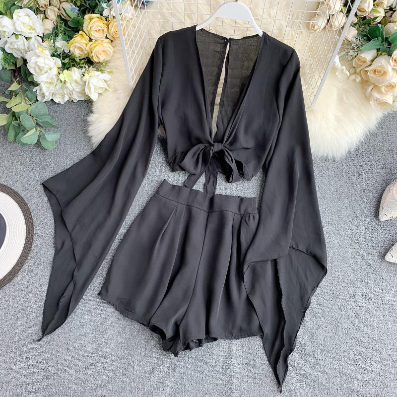 New Design Sense Bell Sleeve Chiffon Shirt High Waist Wide Leg Shorts Western Style Two-piece Suit