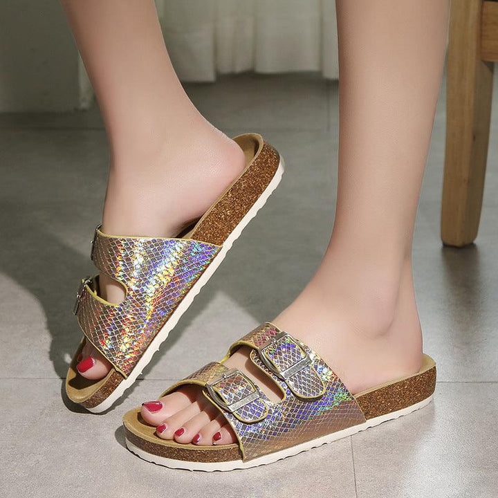 Double buckle flip flop cork slippers