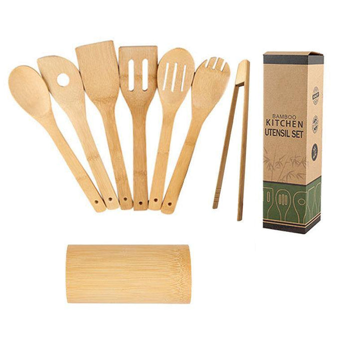 Bamboo Spatula Set with Square Holder Eco-Friendly with Ergonomic Handle Kitchen Utensil - MRSLM