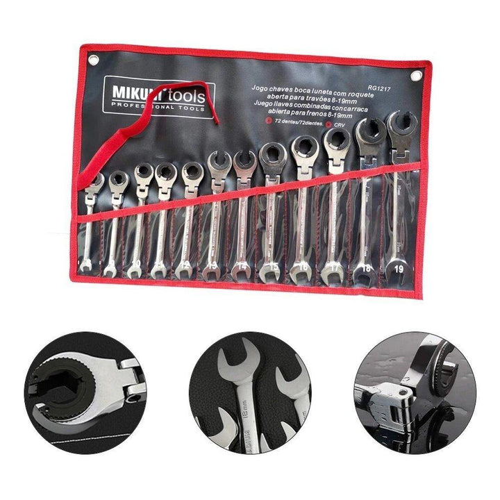 12PCS 8-19mm Fix Tubing Wrench Set Ratchet with Flex Movable Head Universal Spanner Tool Set - MRSLM