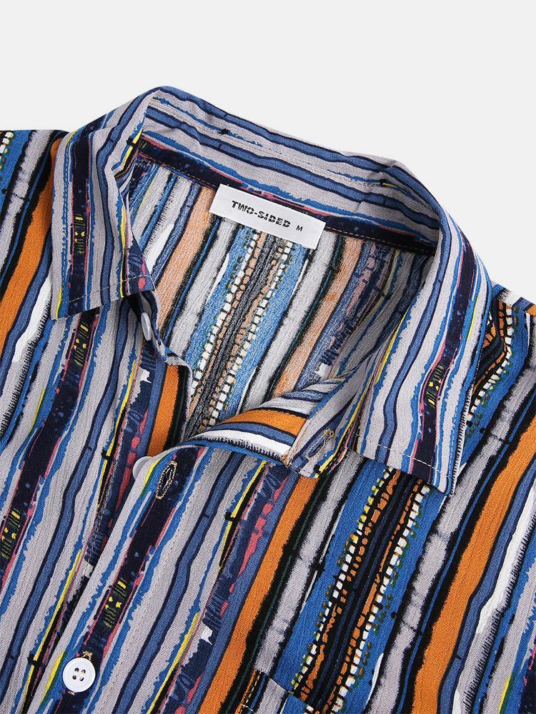 Mens Cotton Colorful Striped Pocket Short Sleeve Shirts