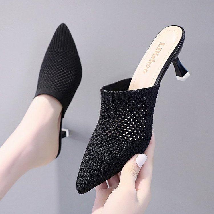 Women's Pointed Mid-heel Flying Woven Sandals And Slippers