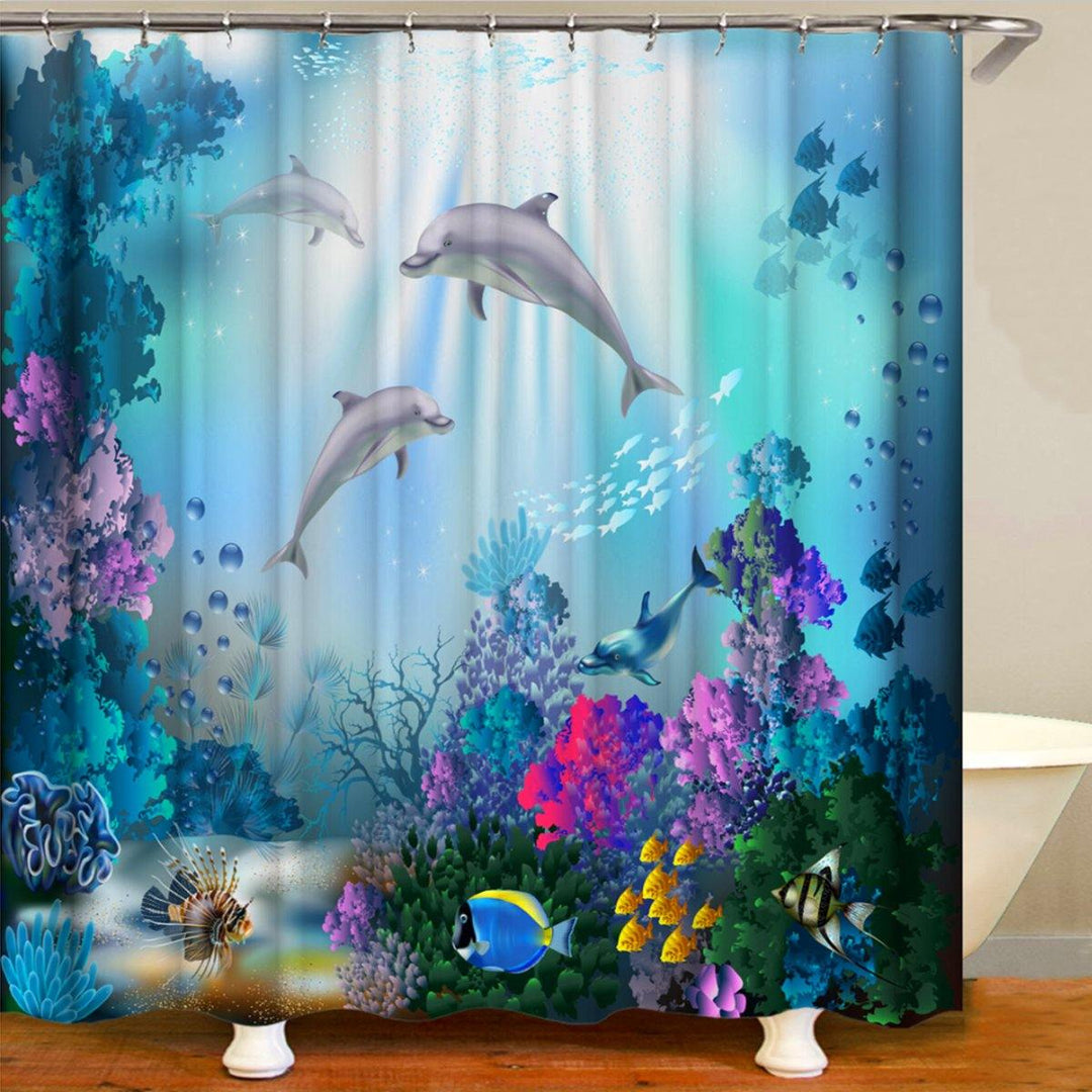 1/3/4 Pcs Sea Style Dolphin Waterproof Shower Curtain Set Toilet Cover Mat Bathroom Non-Slip Mat Pedestal Rug Kit