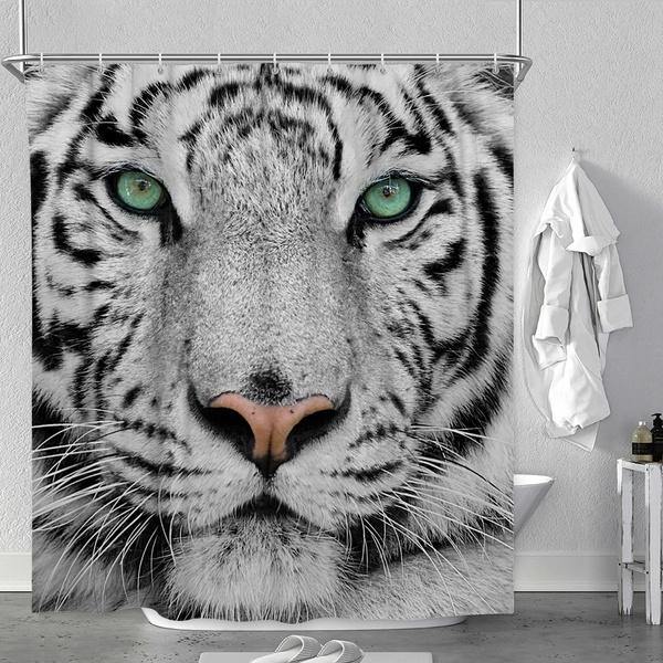 4PCS White Tiger Animal Style Shower Curtain Bathroom Carpet Rug Toilet Cover Mats Decoration