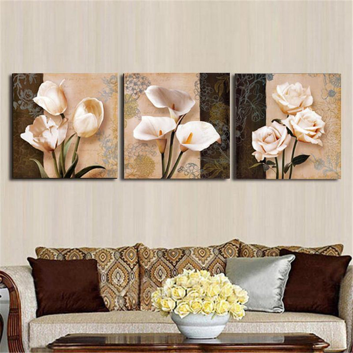 3Pcs Orchid Rose Flower Combination Painting On Canvas Frameless Drawing Home Wall Decor Paper Art (S)