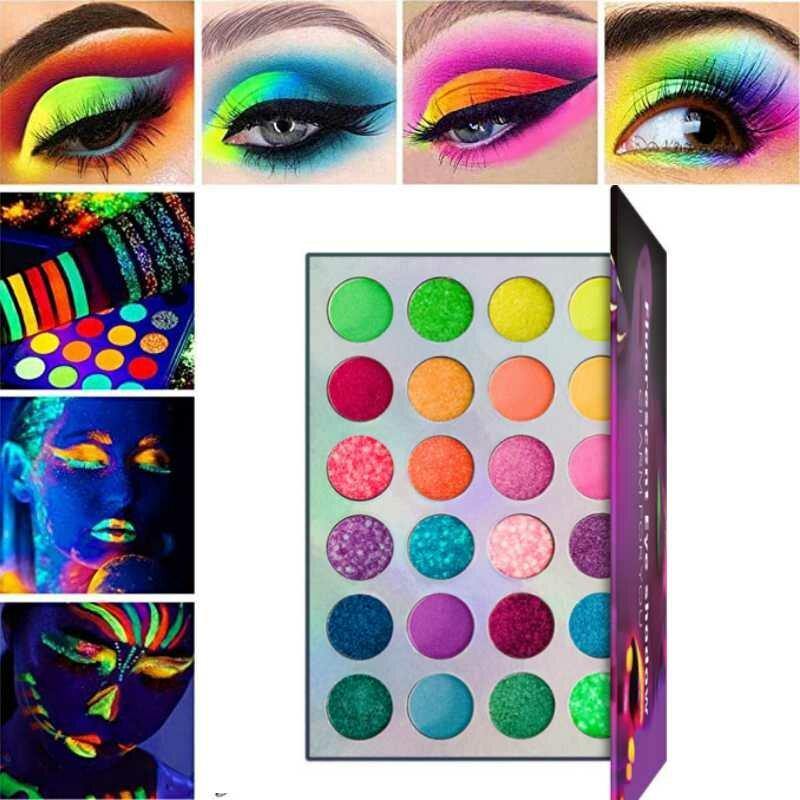 24 Colors Waterproof Glow Eyeshadow Palette Eyeshadow Palette Neon Glow in The Dark Luminous Eyeshadow for Festivals/Party/Halloween/Christmas