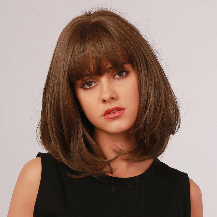 12 Inch Dark Brown Short Straight Hair Bangs Bob Head Full Head Cover Wig