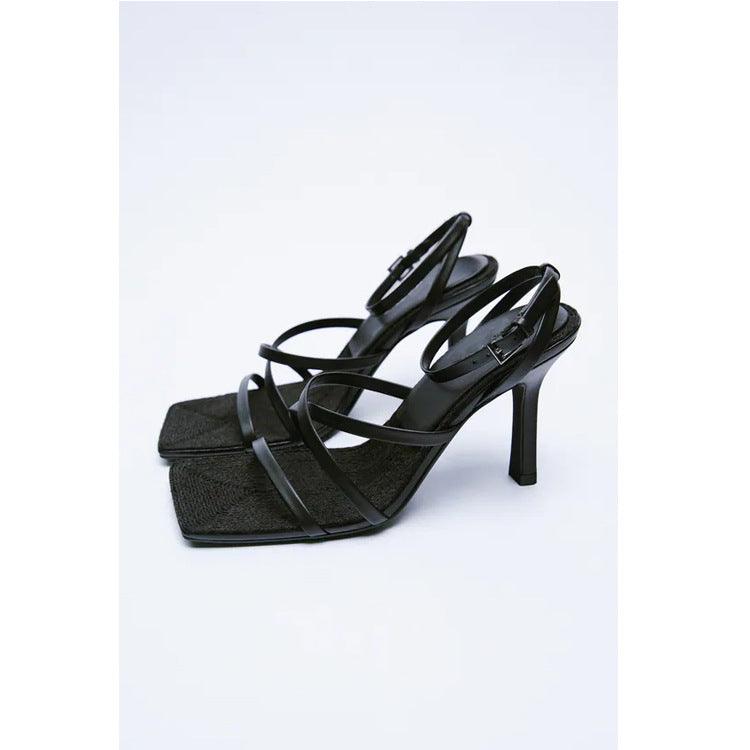 Stiletto Leather Sandals Buckle Cross Strap Square Toe