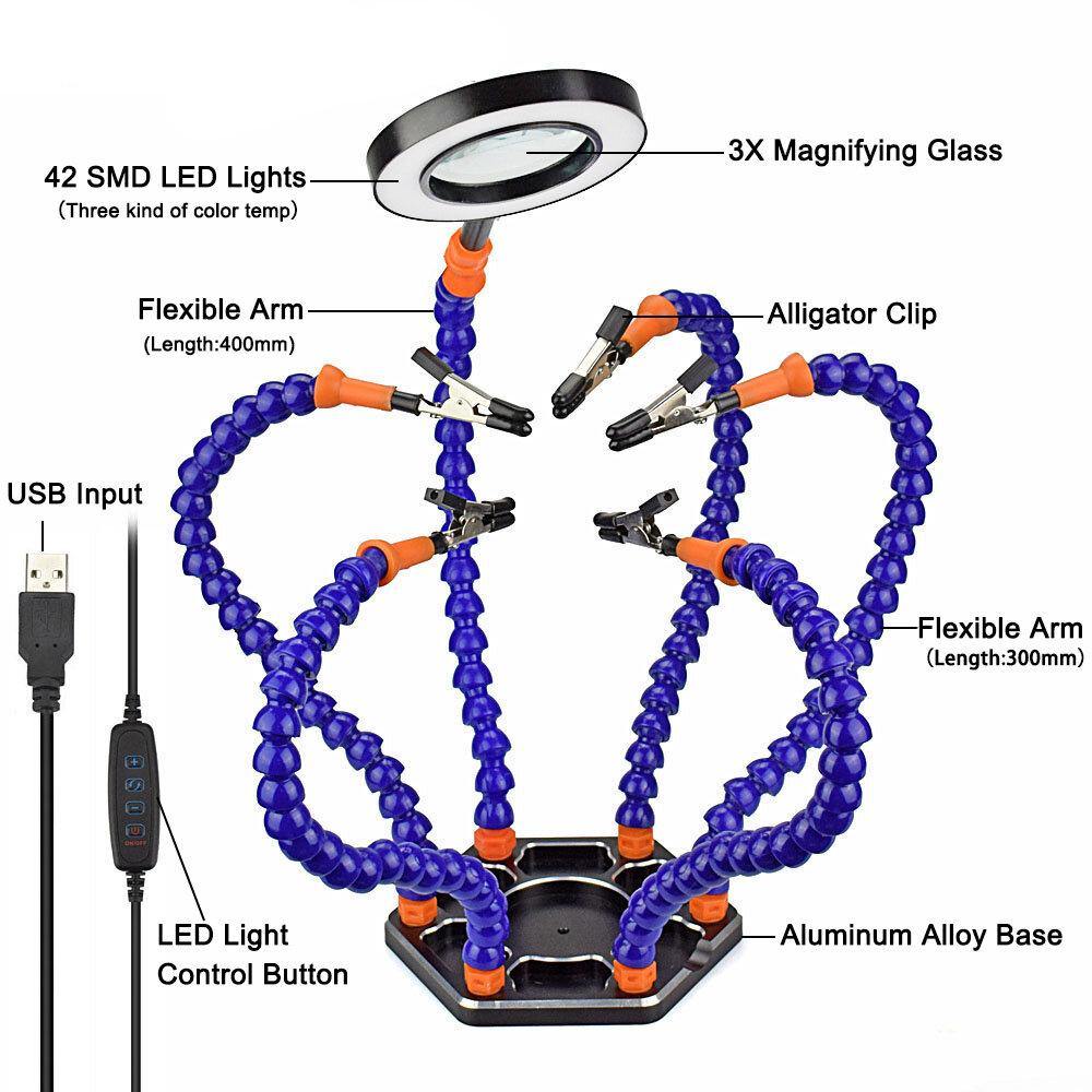 NEWACALOX Soldering PCB Holder Tool Six Arms Helping Hands Third Hand Crafts Repair Helping Welding Station USB LED Magnifier